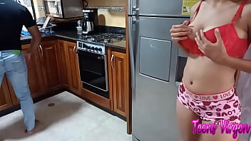 My stepsister takes advantage of the moment that we are left alone at home and comes to the kitchen with her clothes on in her underwear to get my dick in her ass and a tight pussy big tits stepsister